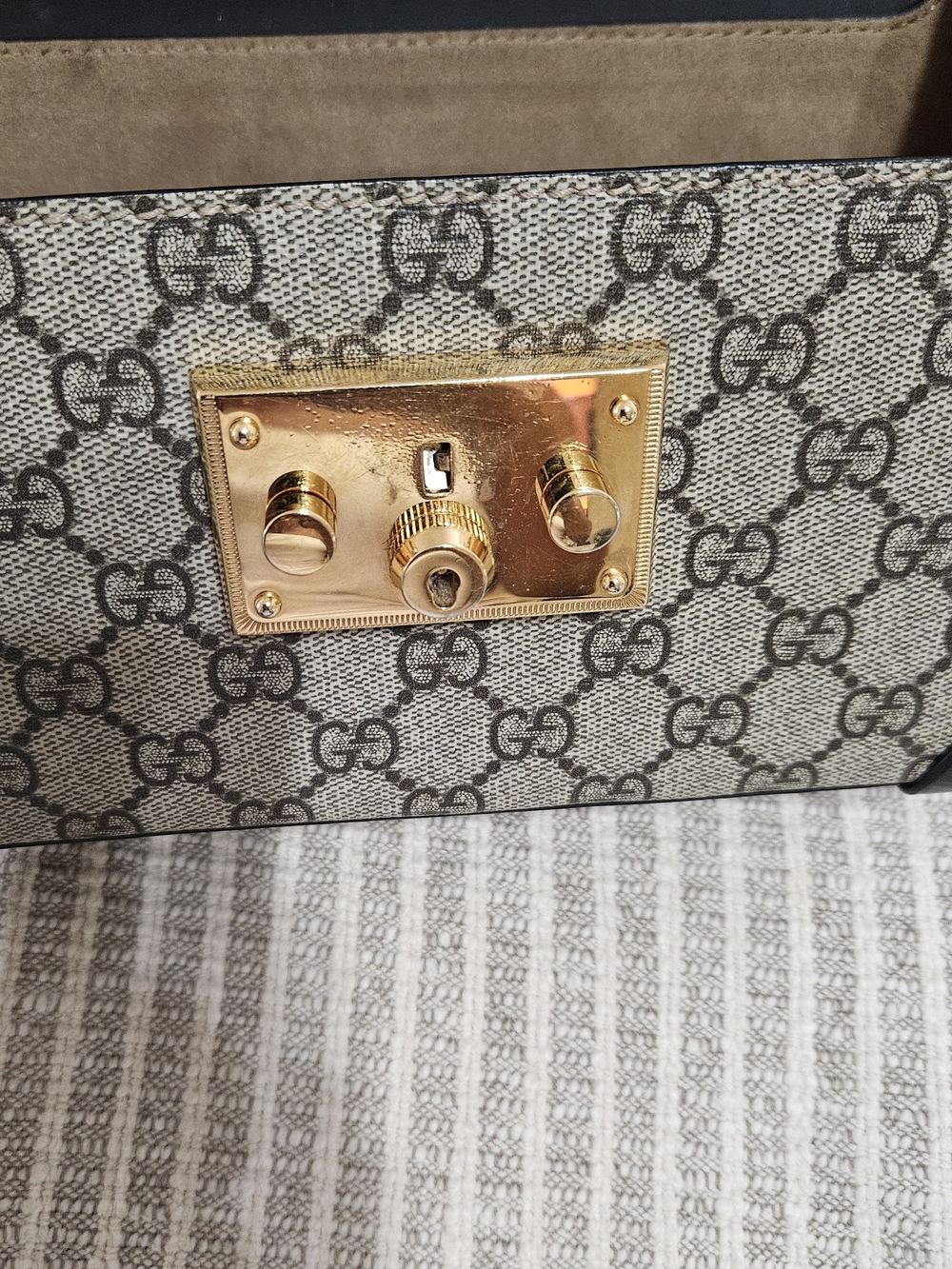 Gucci Beige/Gray GG Supreme Shoulder Bag with Gold-Tone Lock